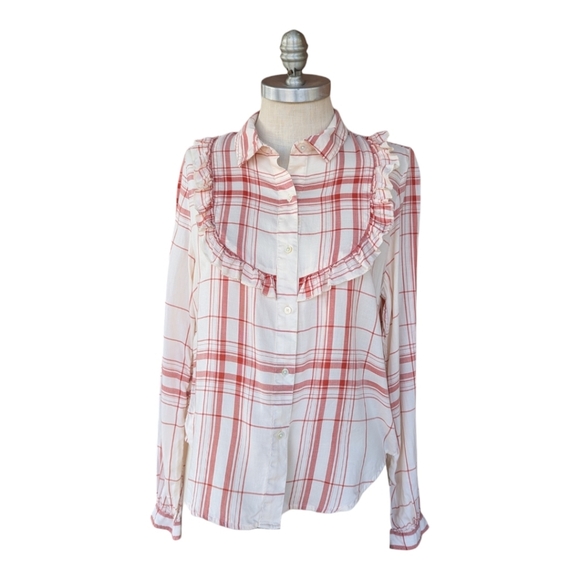 Frame Denim Tops - FRAME Plaid Ruffle Button‑Down Shirt Red/Cream Size M